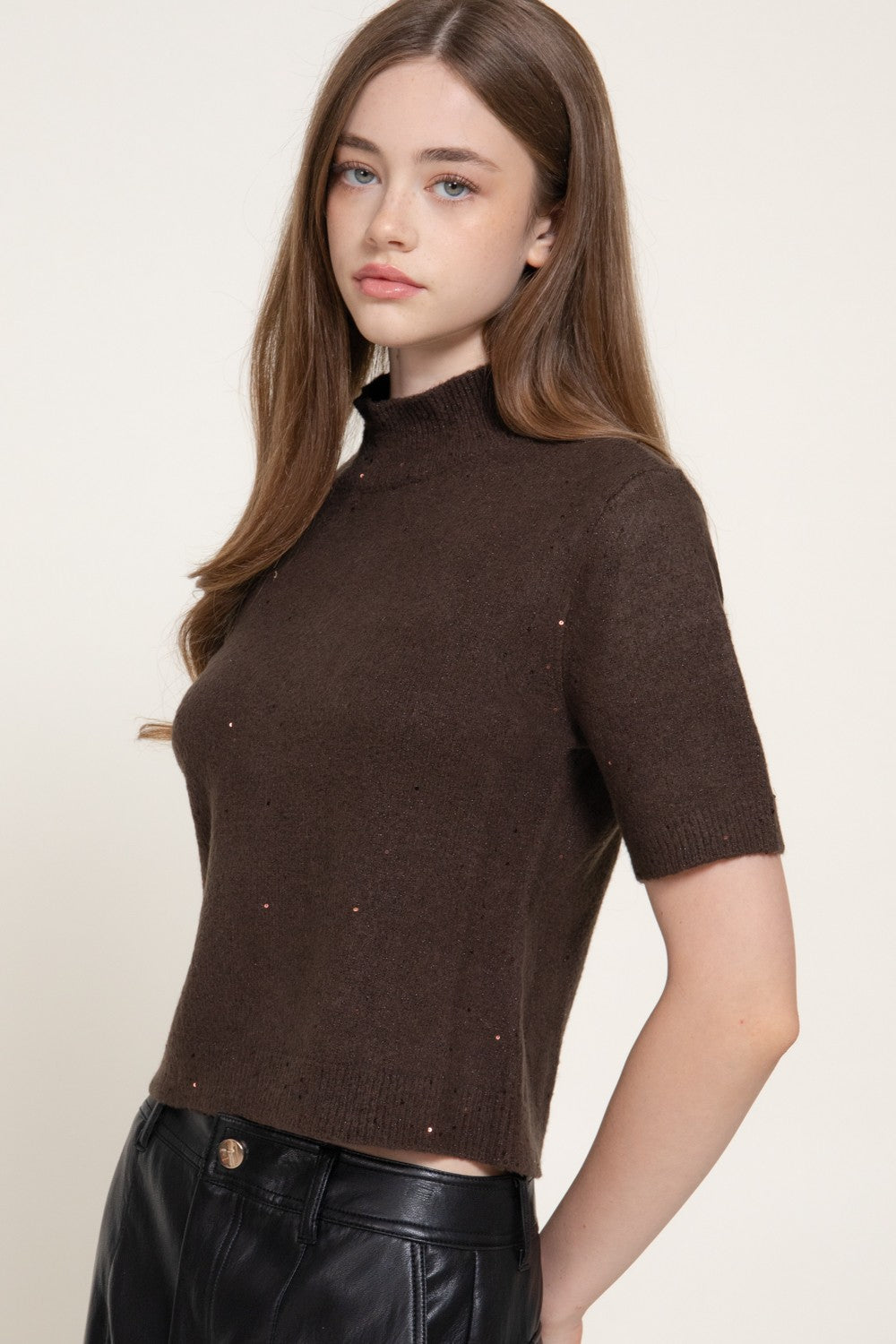 Lurex Mock Neck Short Sleeve Sweater
