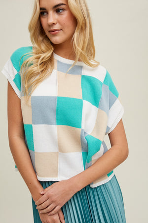 Selene Checkered Short Sleeve Sweater.