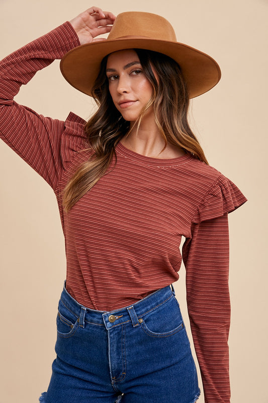 Cerys Ruffle Shoulder Striped Top.