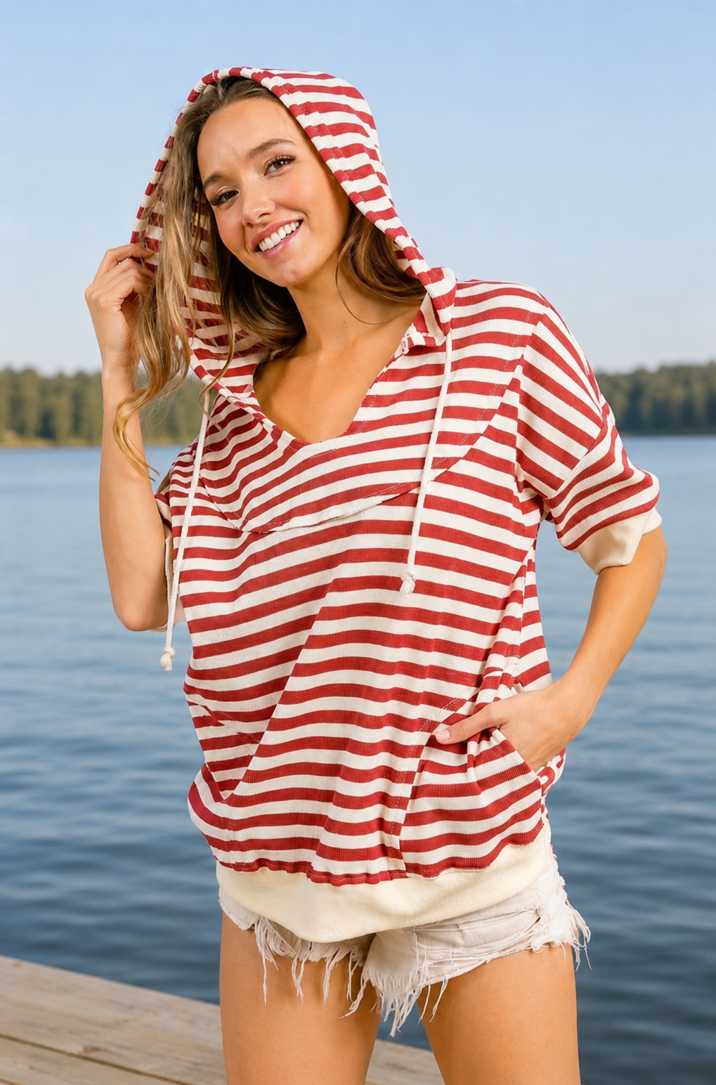 Stripe Fleece Hoodie Top