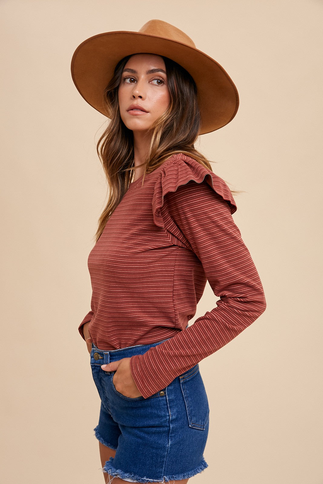 Cerys Ruffle Shoulder Striped Top.