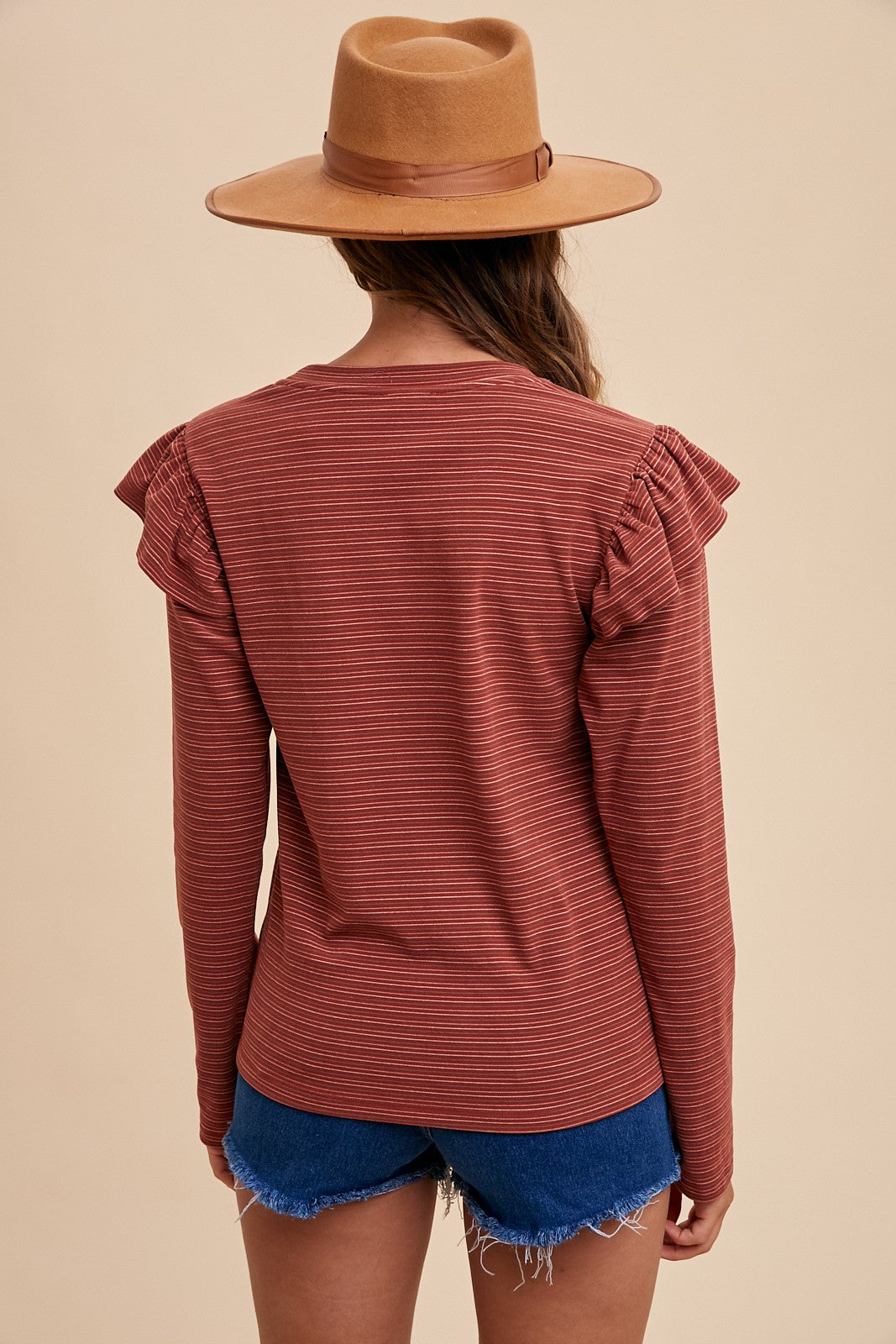 Cerys Ruffle Shoulder Striped Top.