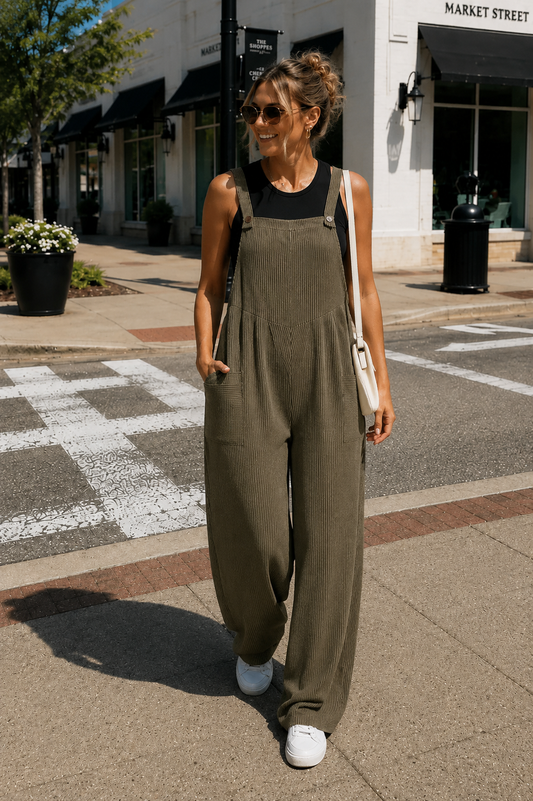 Wide Leg Ribbed Overalls