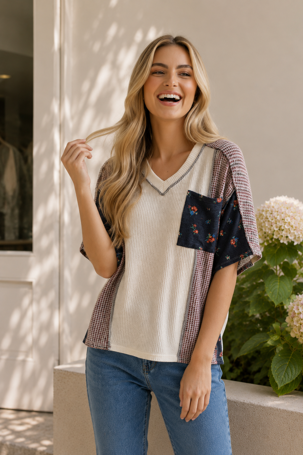 Floral Color Block Knit Top