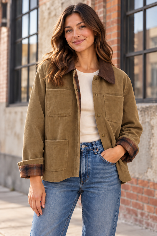 Plaid Lined Corduroy Utility Jacket