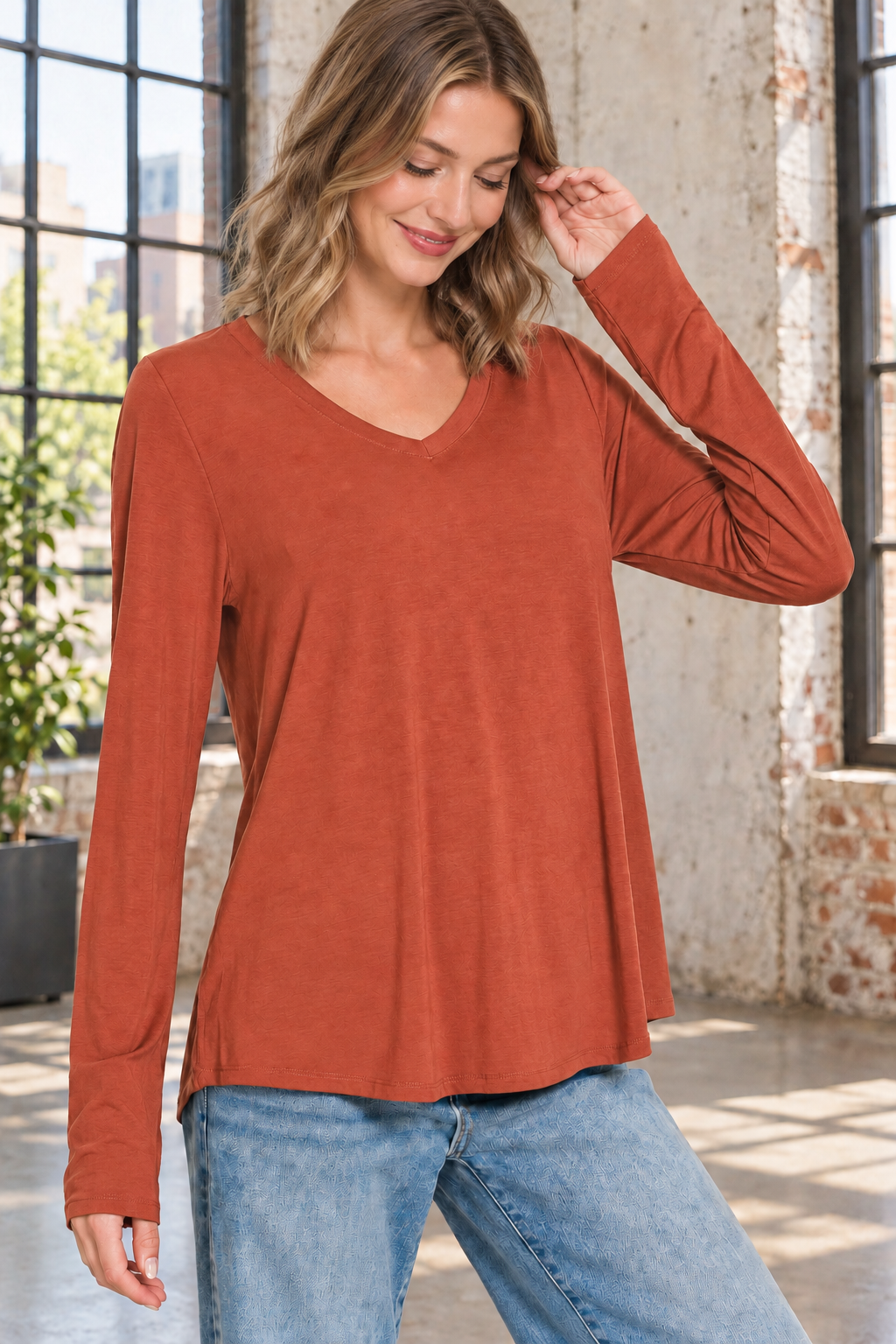Flowy V-Neck Long Sleeve Top