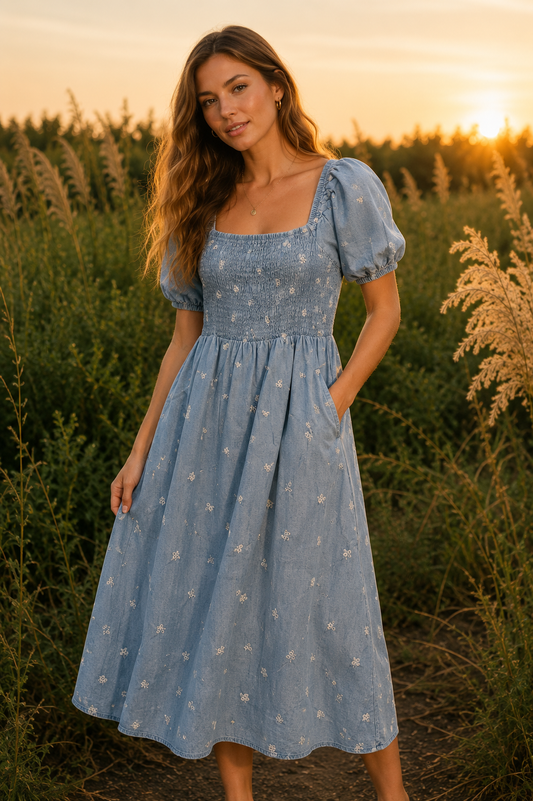 Floral Embroidered Denim Midi Dress