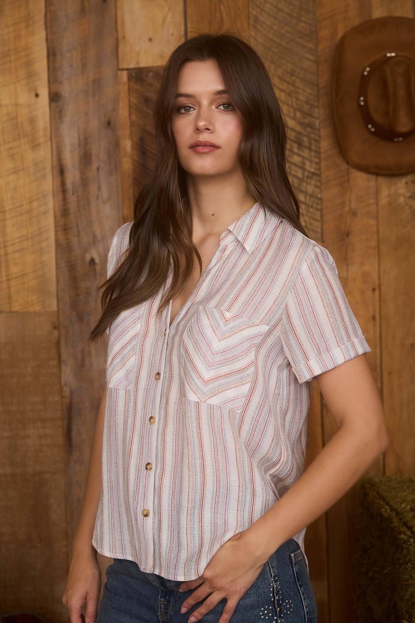 Carolyn Stripe Short Sleeve Button Down