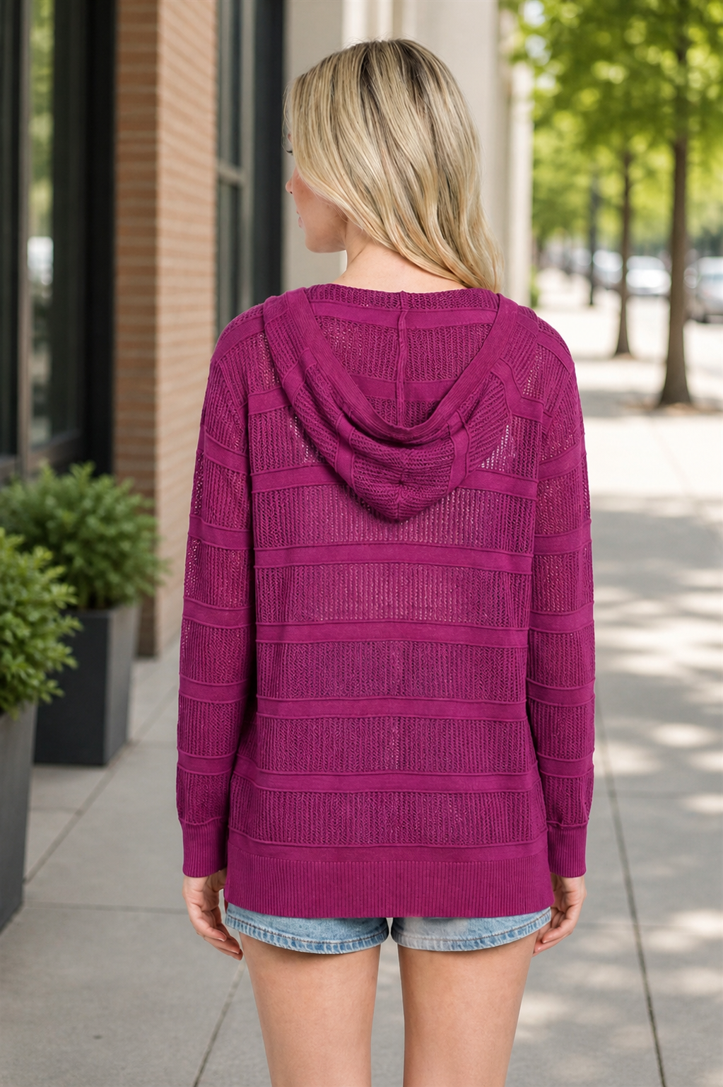 Pointelle Stripe Hooded Cardigan