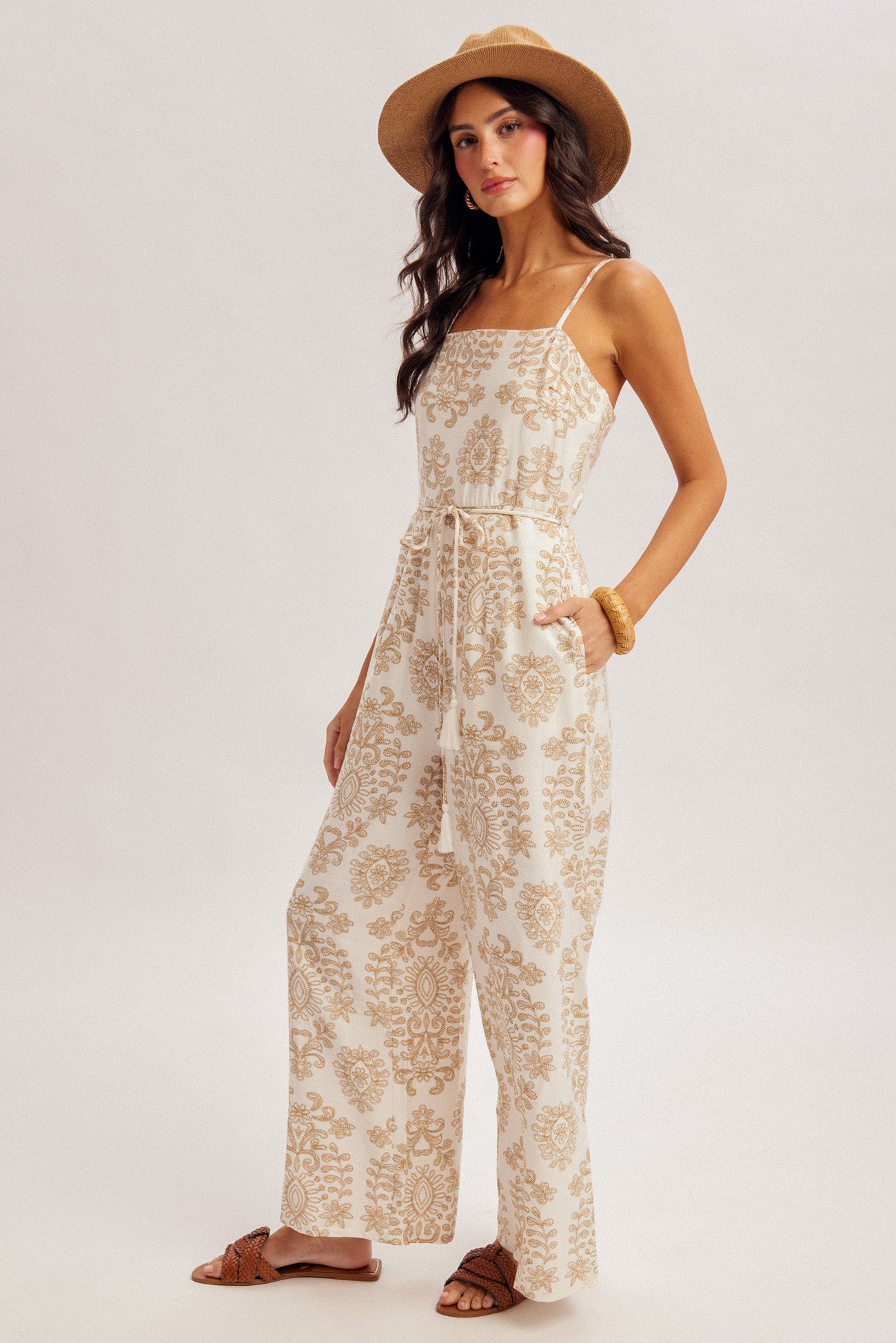 Mosaic Print Tassel Belted Jumpsuit