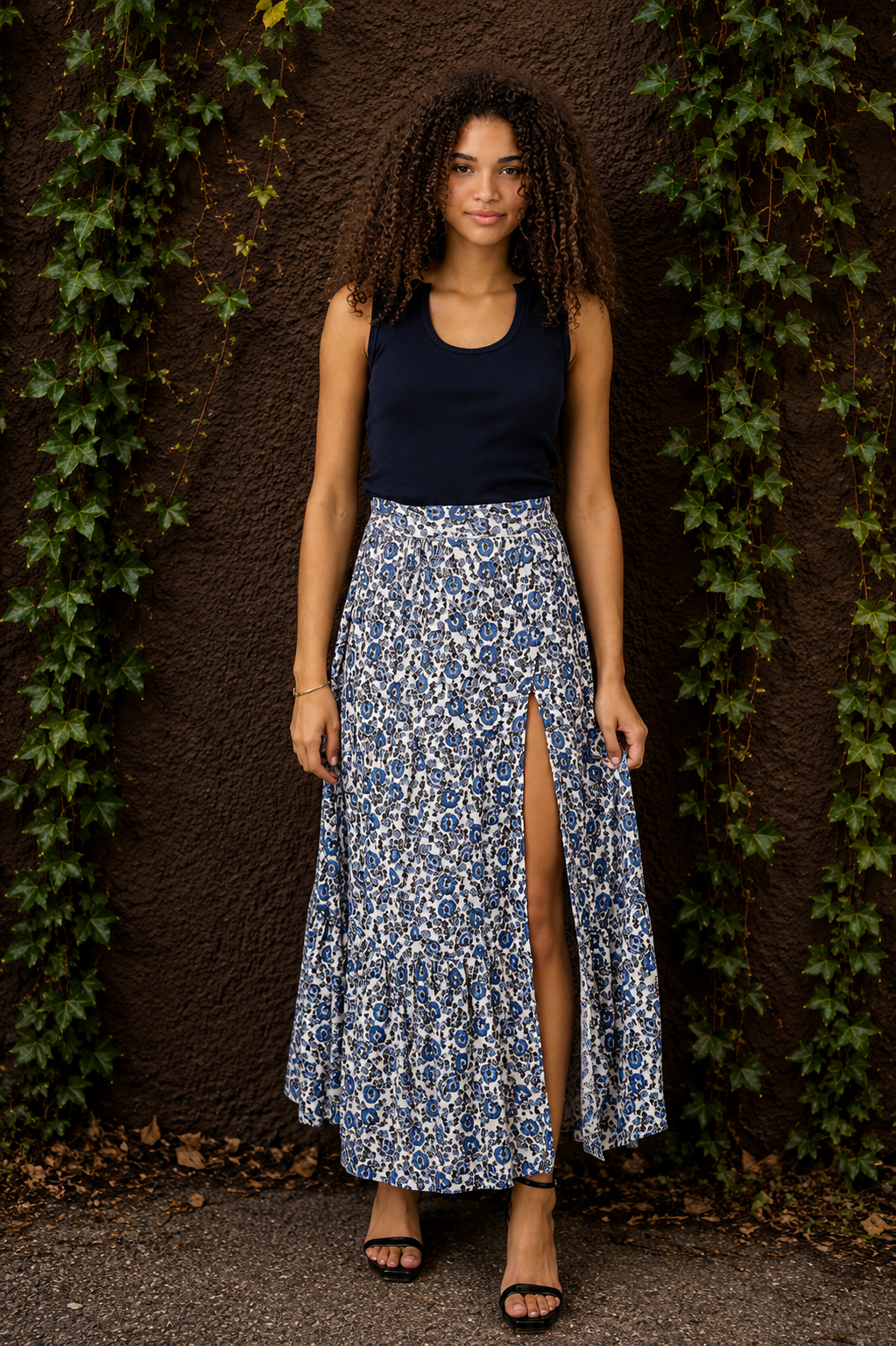 Elastic Waist Maxi Skirt with Slit