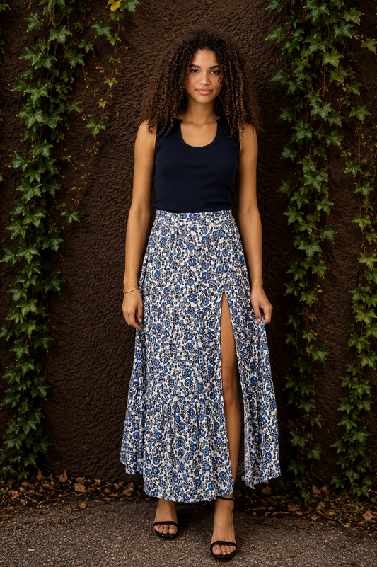 Elastic Waist Maxi Skirt with Slit