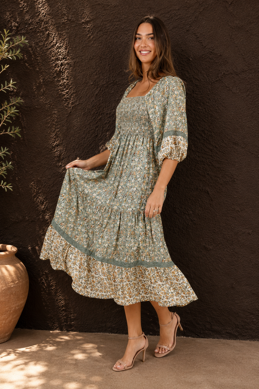 Floral Smocked Square Neck Midi Dress