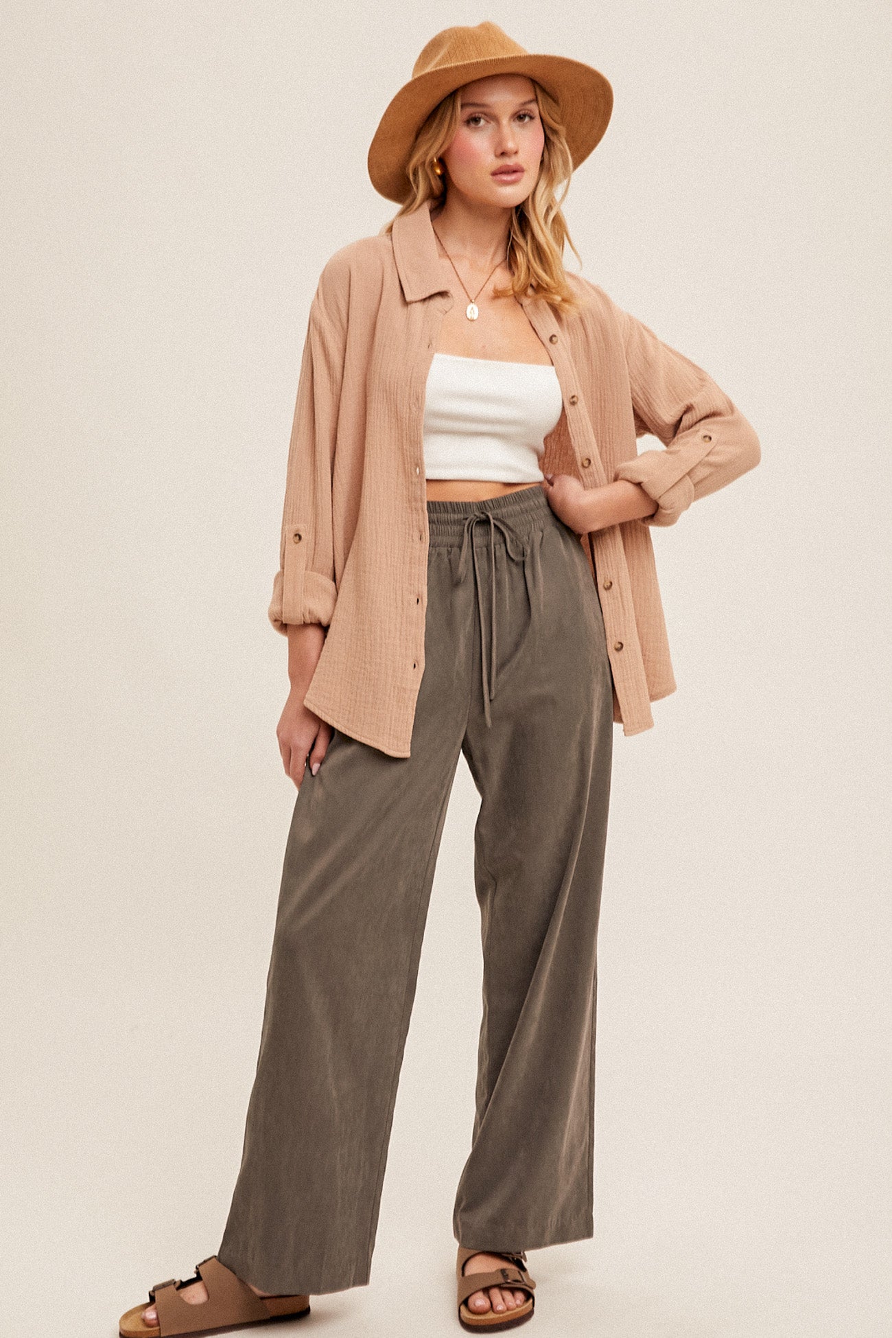 Crinkle Gauze Roll Tab Button Down Shirt