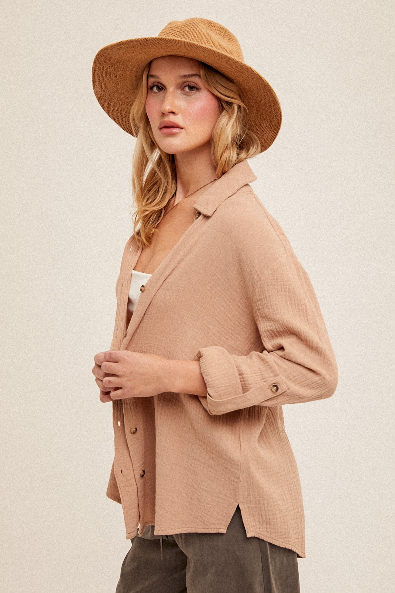 Crinkle Gauze Roll Tab Button Down Shirt