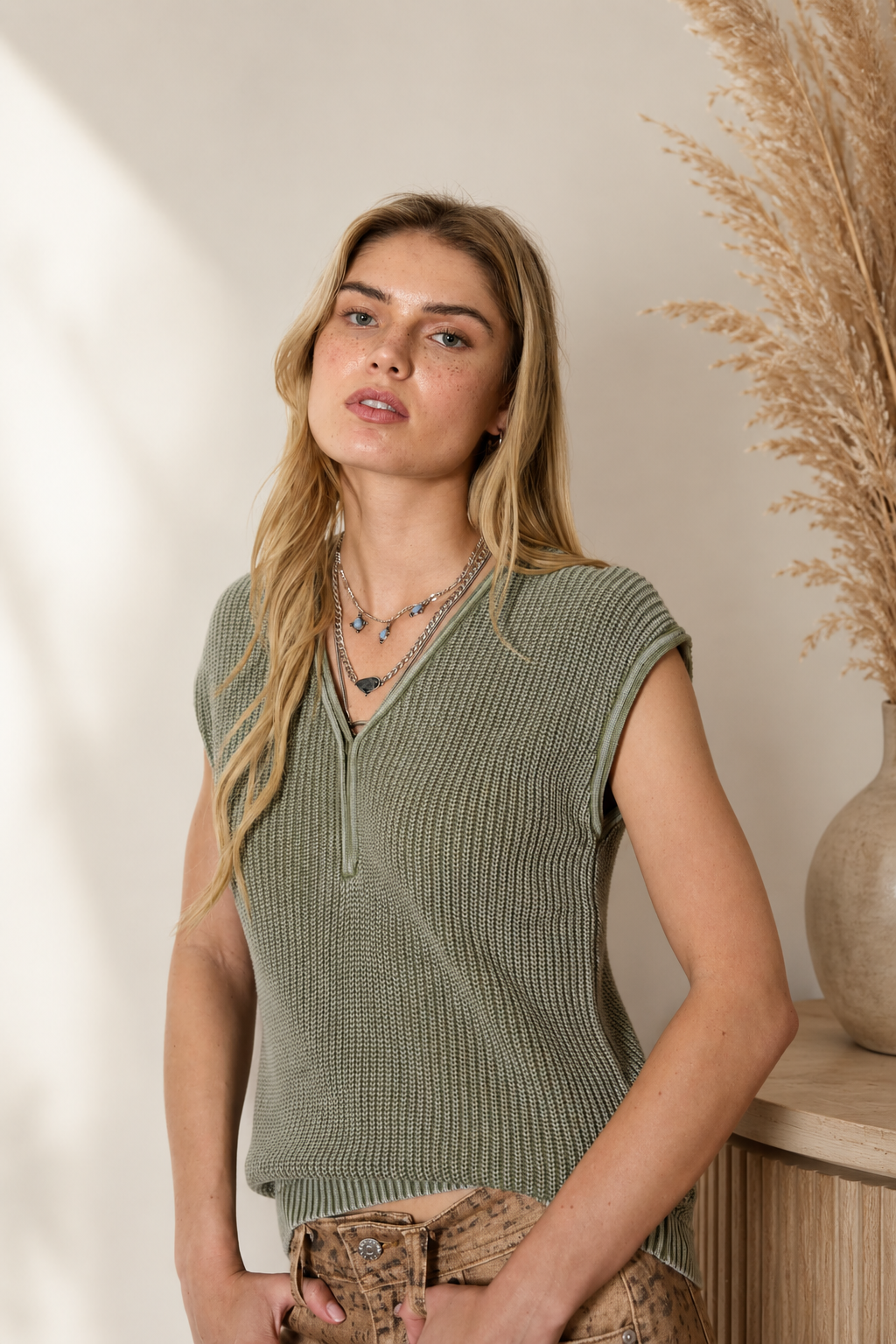 Raw Edge Henley Sweater Top