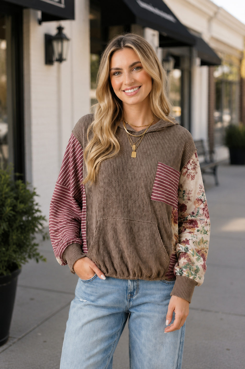 Patchwork Balloon Sleeve Hoodie