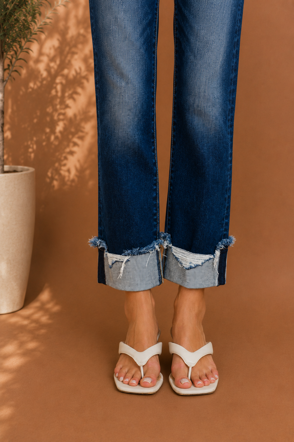 Cuffed Distressed Hem Jeans