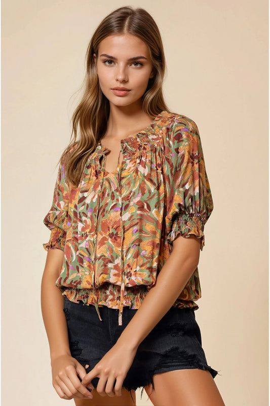 Smocked Abstract Blouse