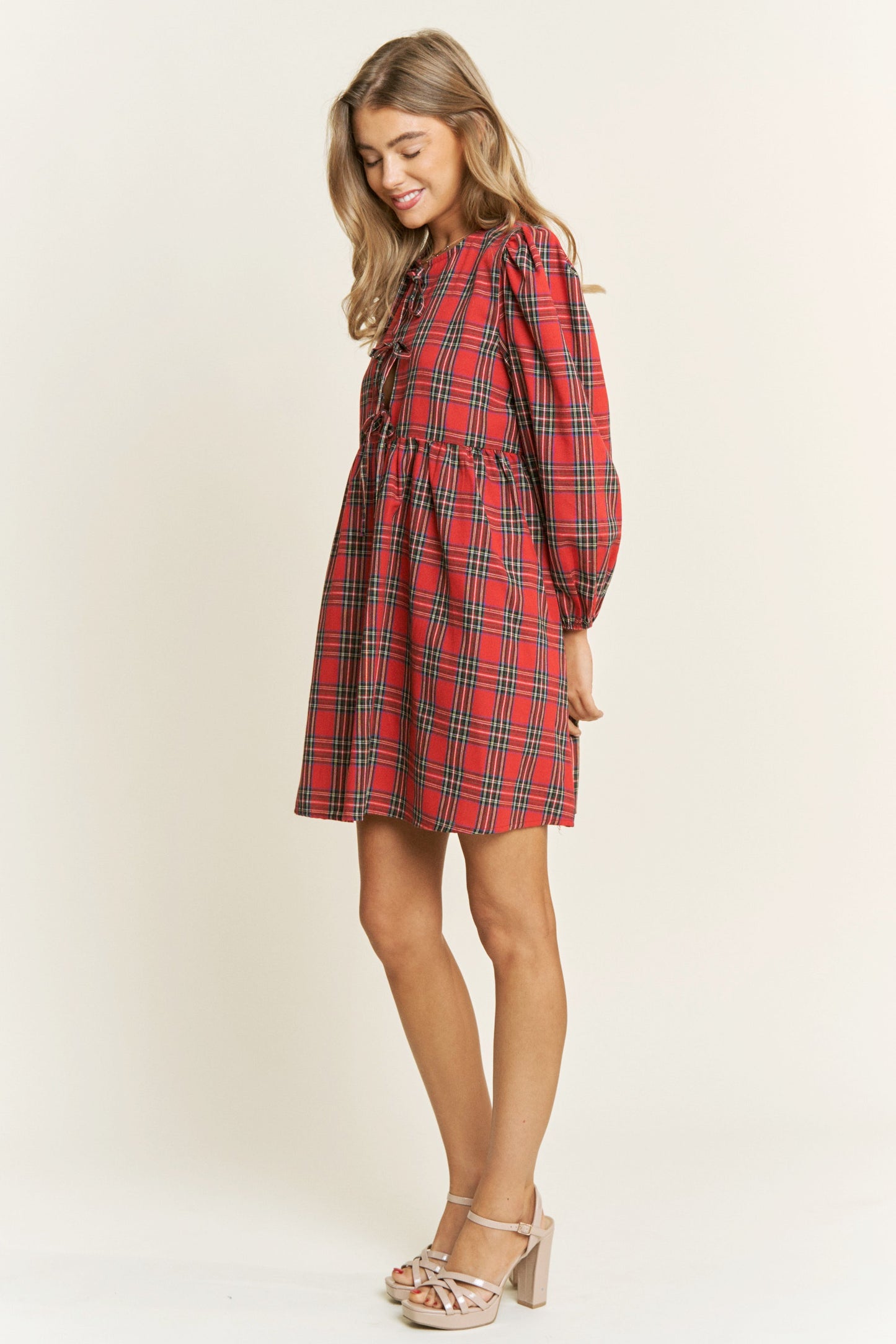 Soft Plaid Woven Babydoll Bow Mini Dress