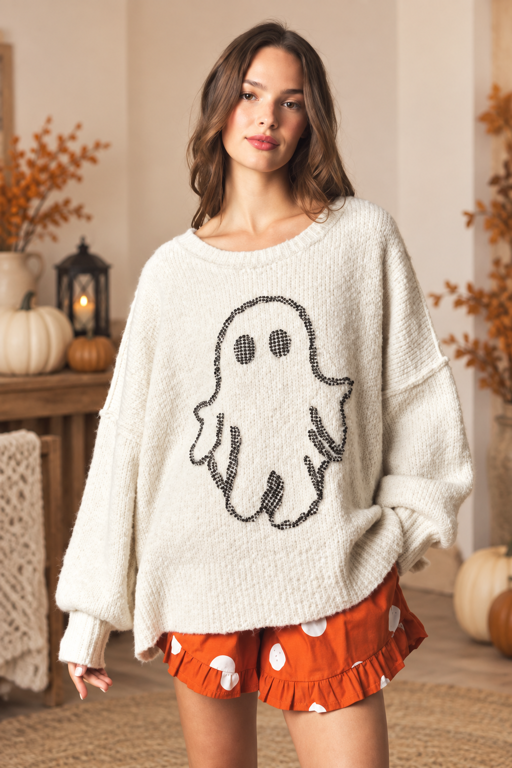 Gingham Ghost Applique Sweater