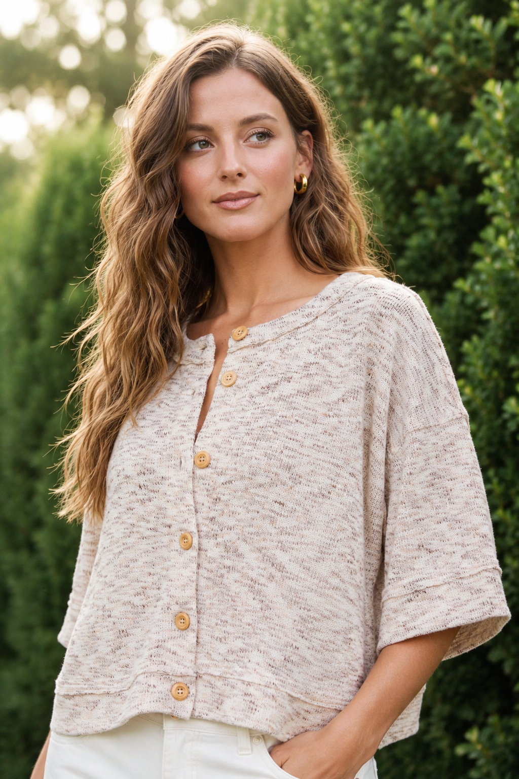 Marled Raw Edge Knit Button Top