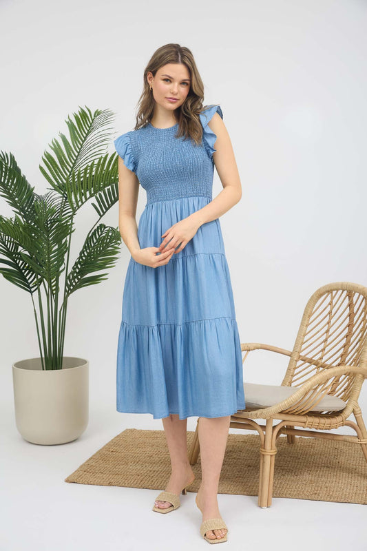 Wonderlust Smock Ruffle Sleeve Midi Dress