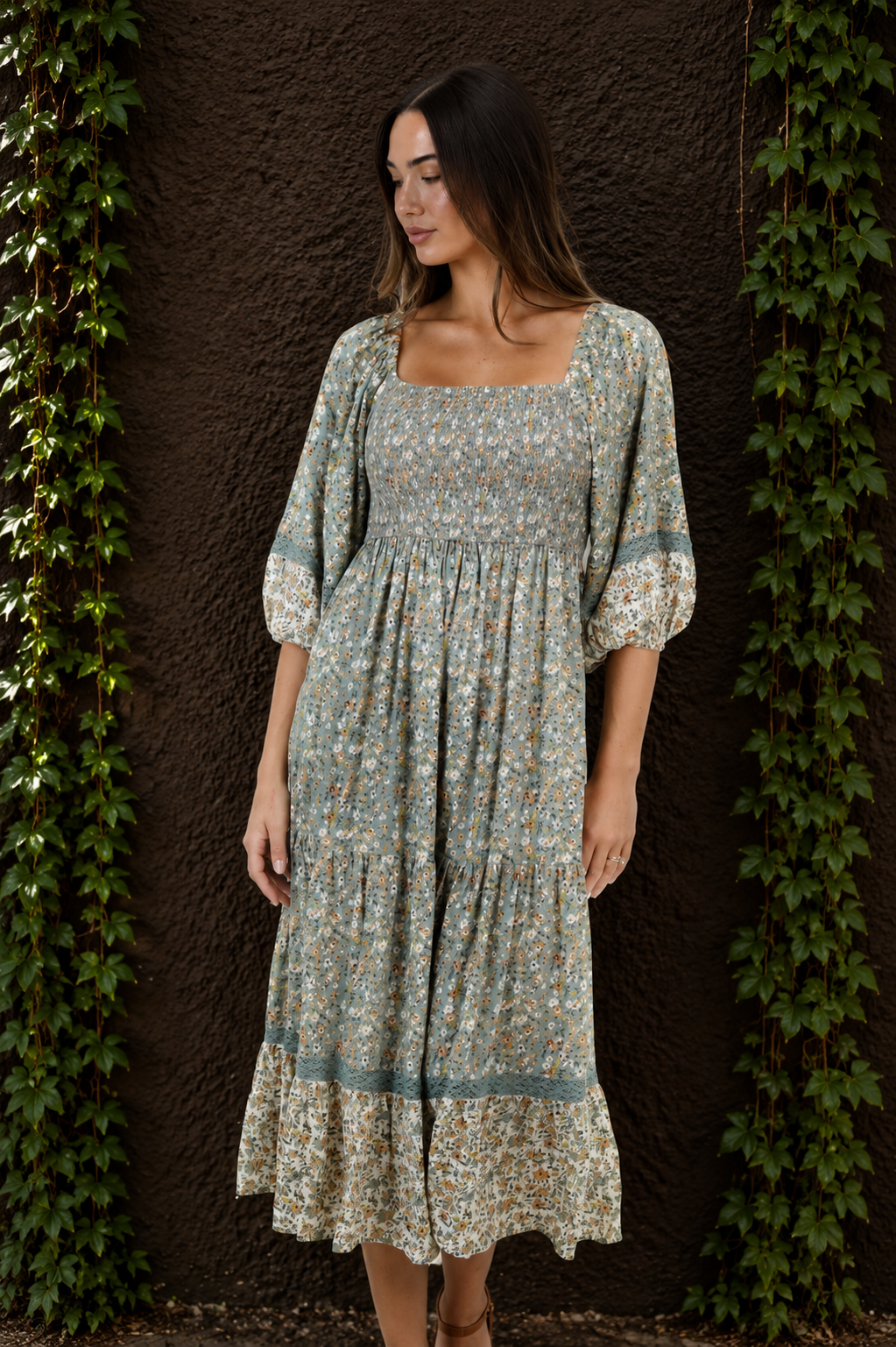 Floral Smocked Square Neck Midi Dress