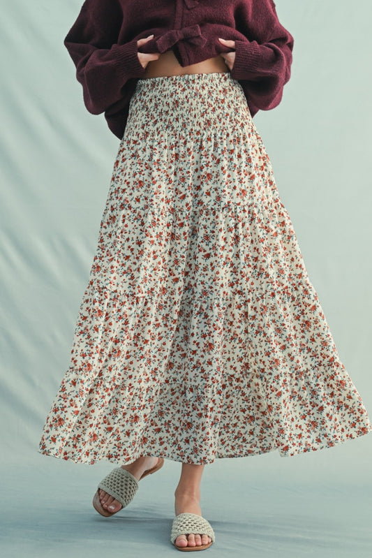 Drifting Calm Floral Tiered Midi Skirt