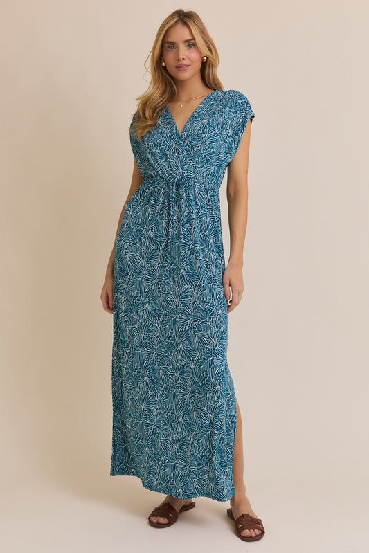 Palm Oasis V-Neck Waist Tie Tropical Dress