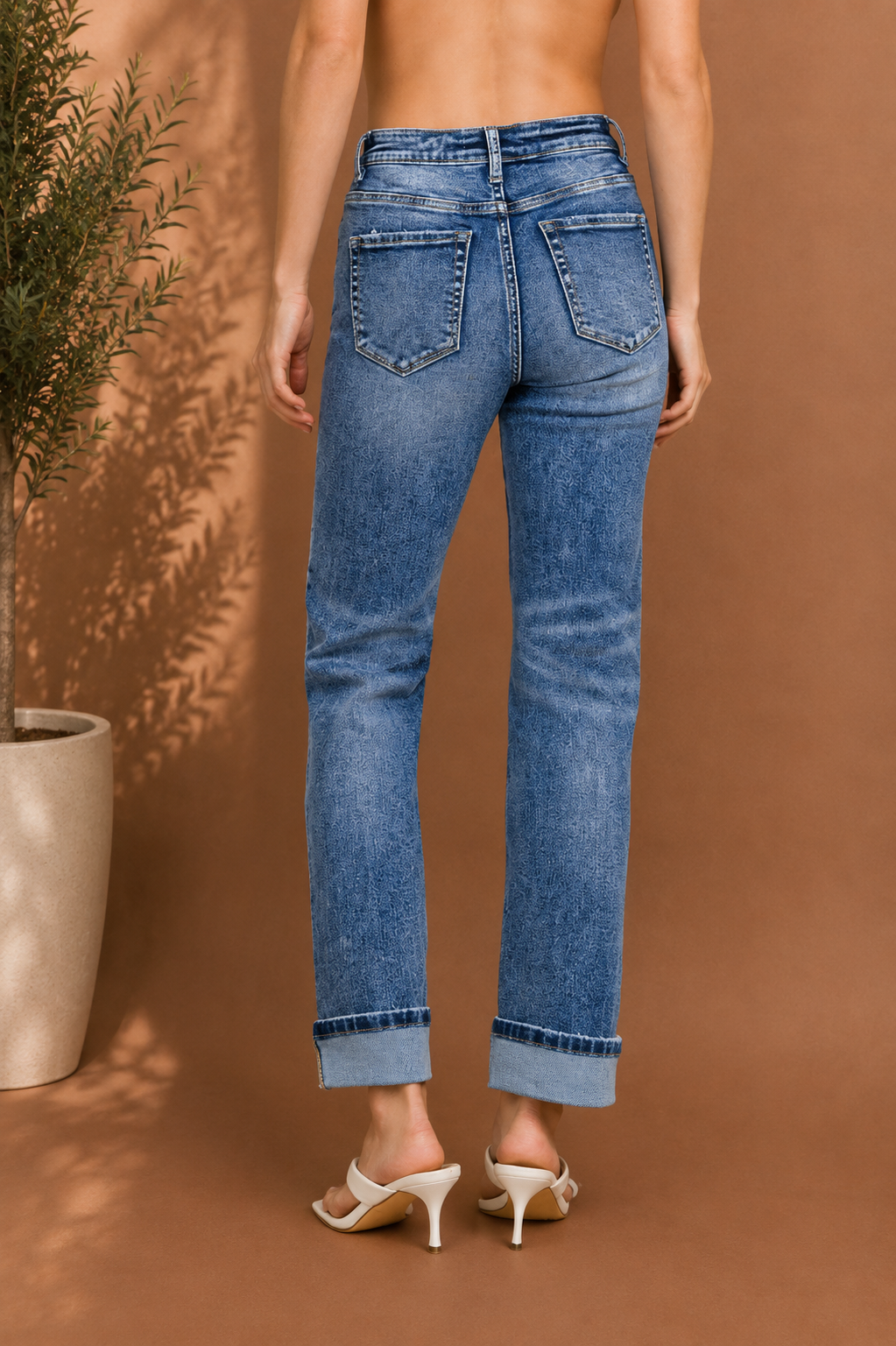 Cuffed Straight Leg Denim Jeans