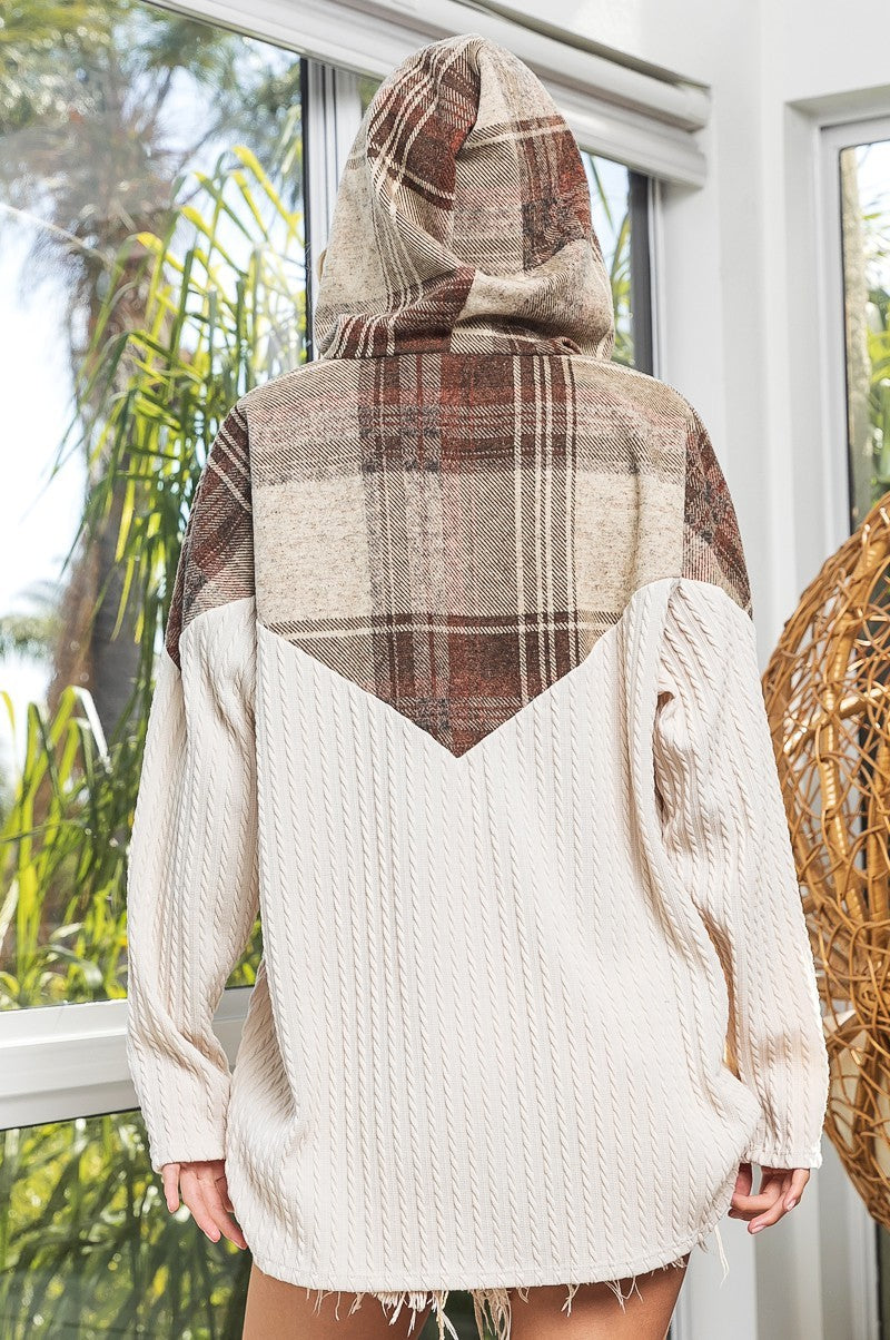 Doorbuster Plaid & Cable Knit Contrast Hoodie