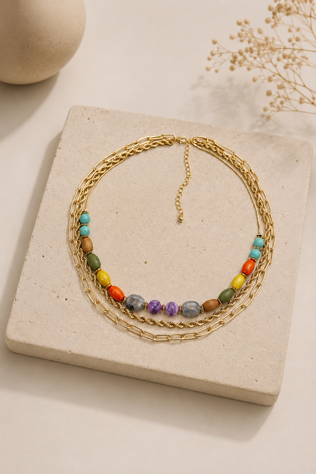 Natural Bead Layered Statement Necklace