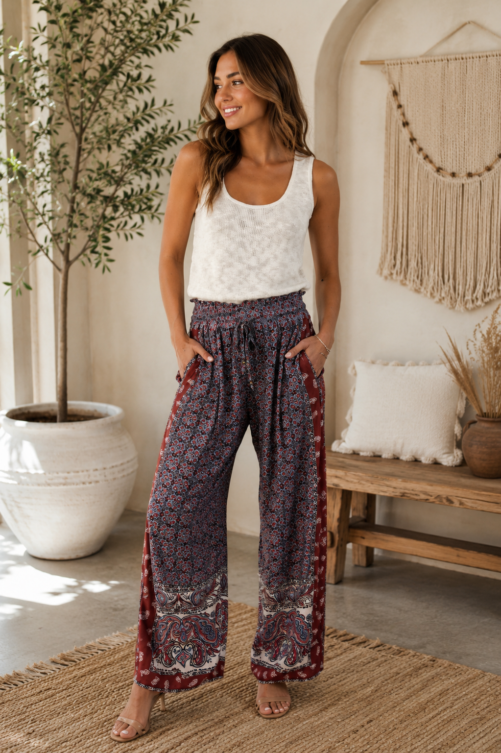 Boho Printed Drawstring Wide Leg Pants