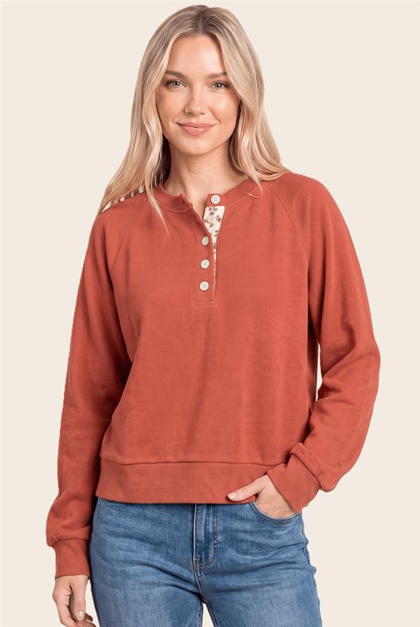 Floral Trim Henley Long Sleeve Top