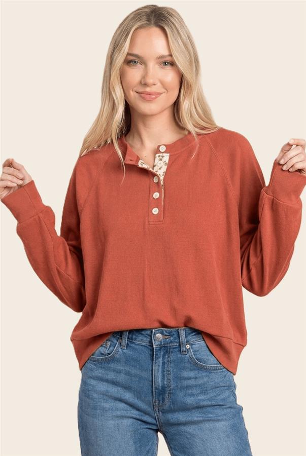 Floral Trim Henley Long Sleeve Top