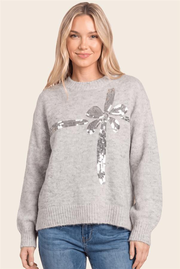 Christmas Sequin Bow Fuzzy Sweater