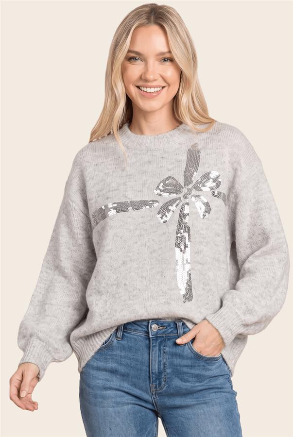 Christmas Sequin Bow Fuzzy Sweater
