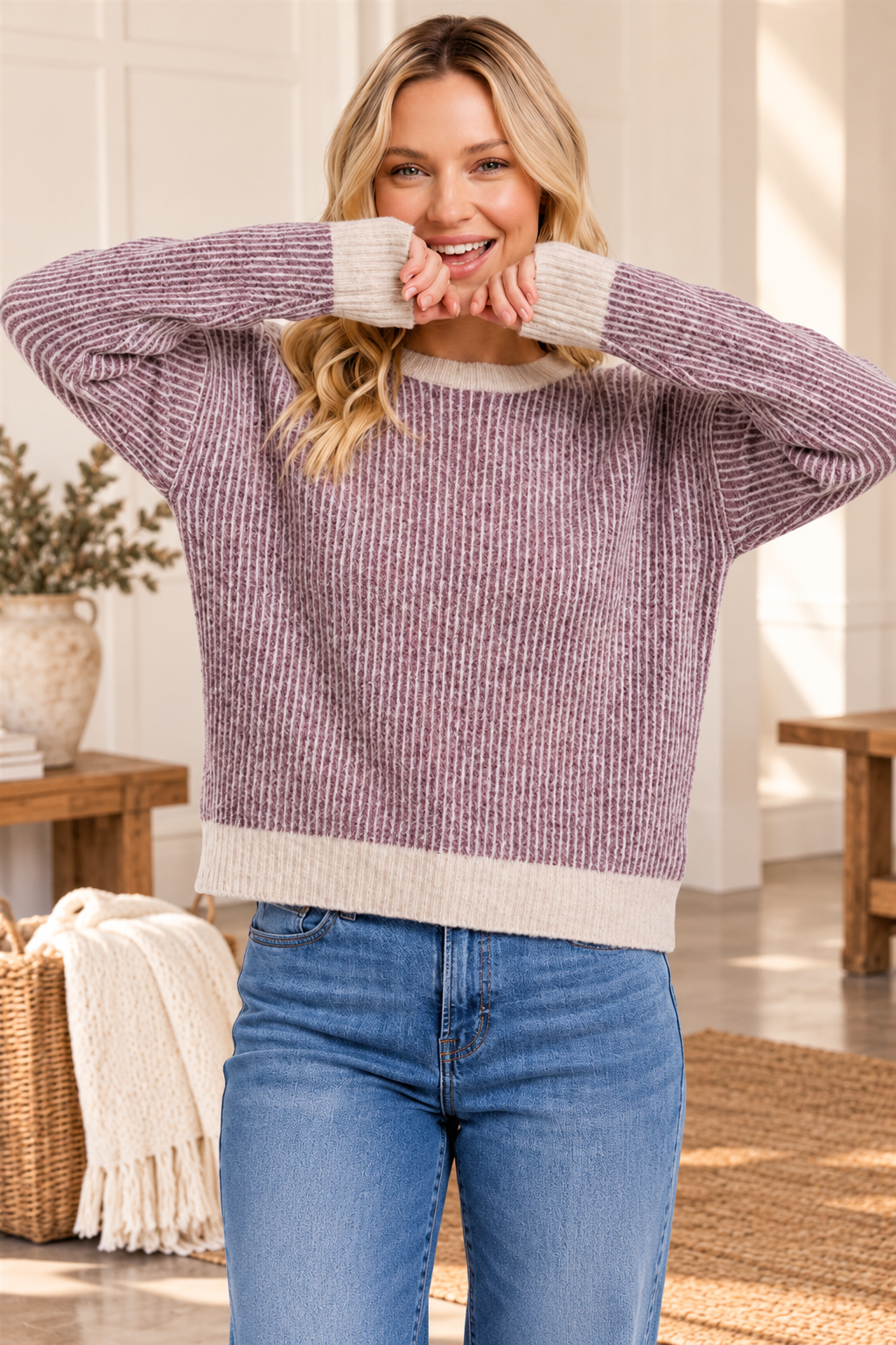 Two Tone Fuzzy Ribbed Sweater