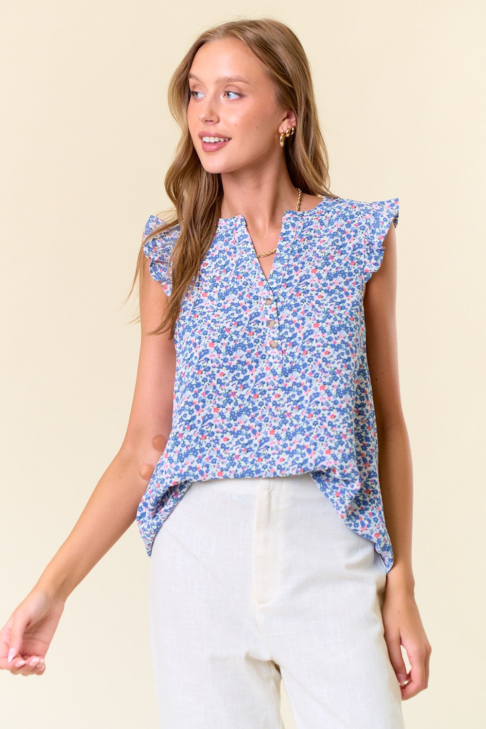 Gabby Ditsy Floral Ruffle Shoulder Top