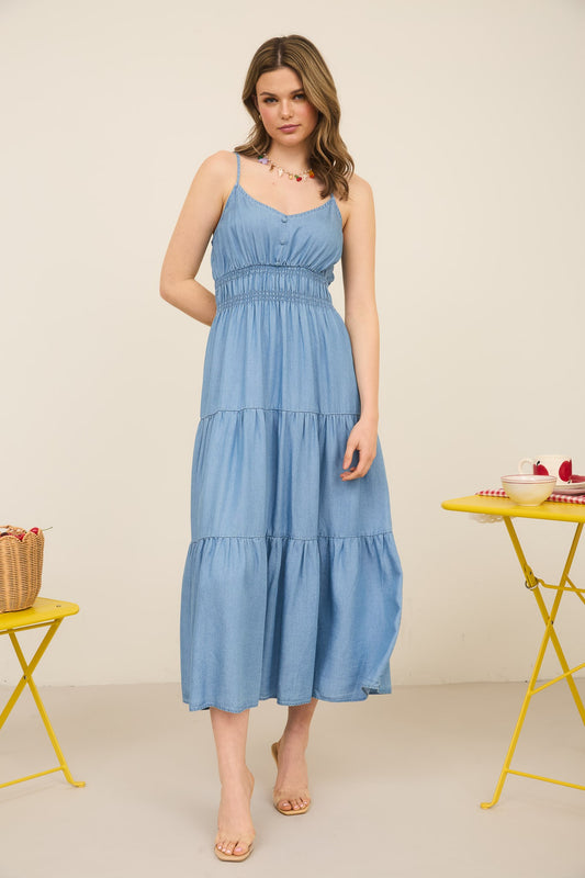 Denim Dolly Sleeveless Tiered Midi Dress
