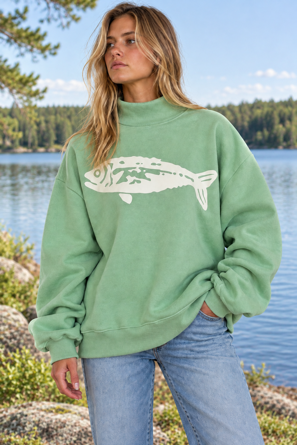 Vintage Fish Graphic Mockneck Sweatshirt
