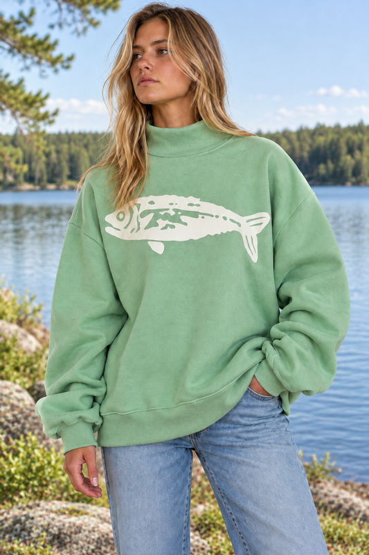 Vintage Fish Graphic Mockneck Sweatshirt
