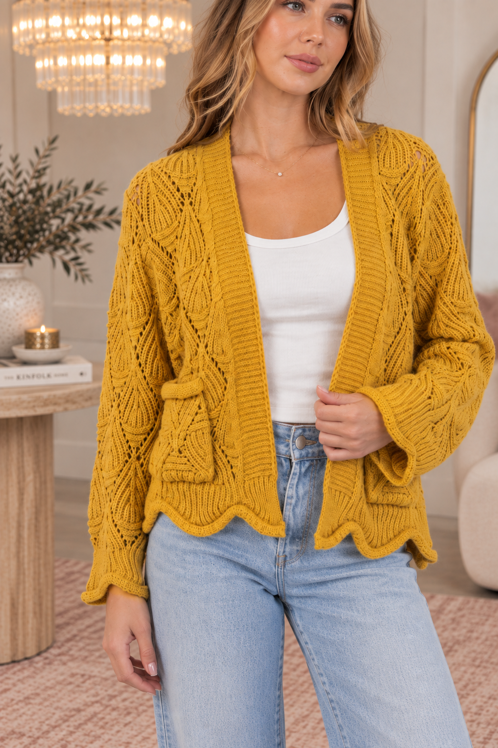 Crochet Scallop Open Front Cardigan