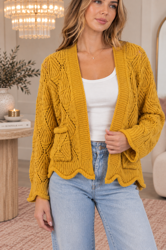 Crochet Scallop Open Front Cardigan