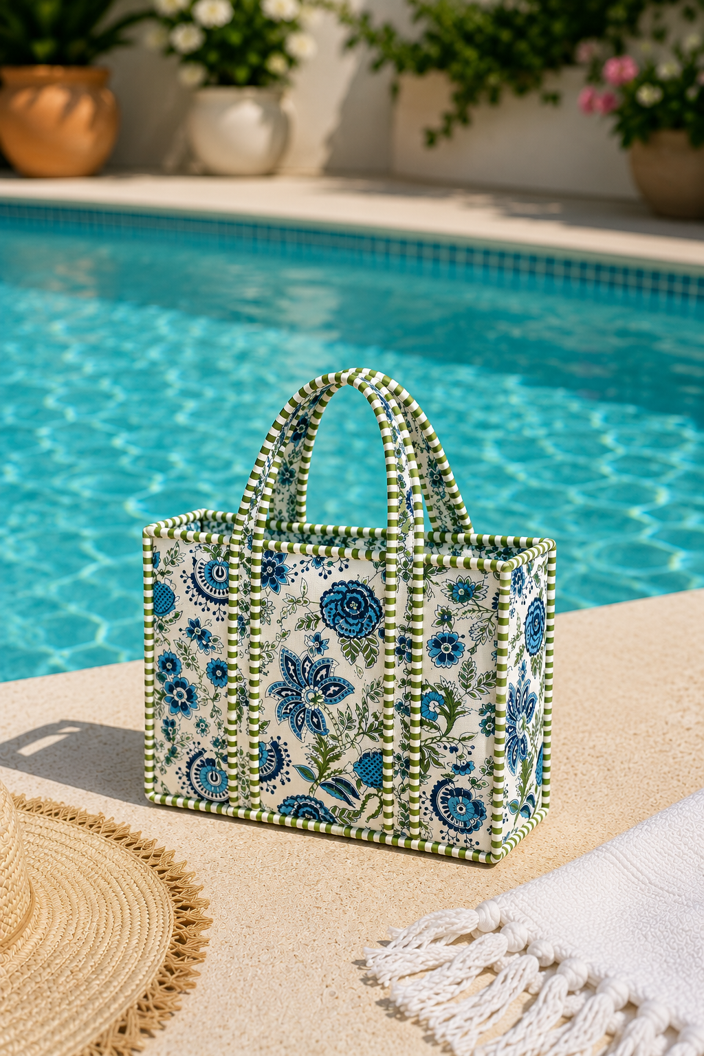 Mini Blue Floral Quilted Cotton Mini Tote Bag