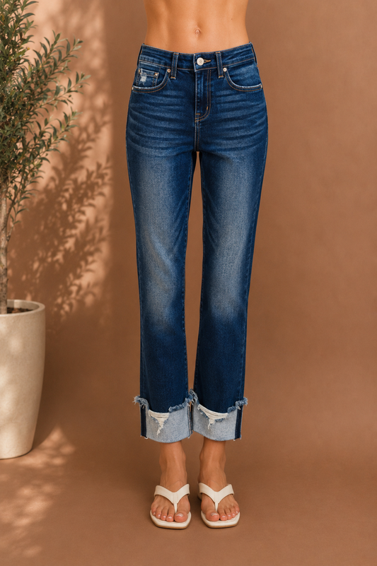 Cuffed Distressed Hem Jeans