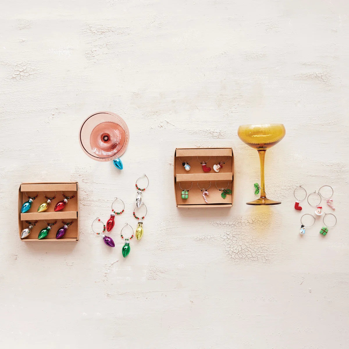 Blown Glass Holiday Icon Wine Glass Charms, Boxed Set of 6