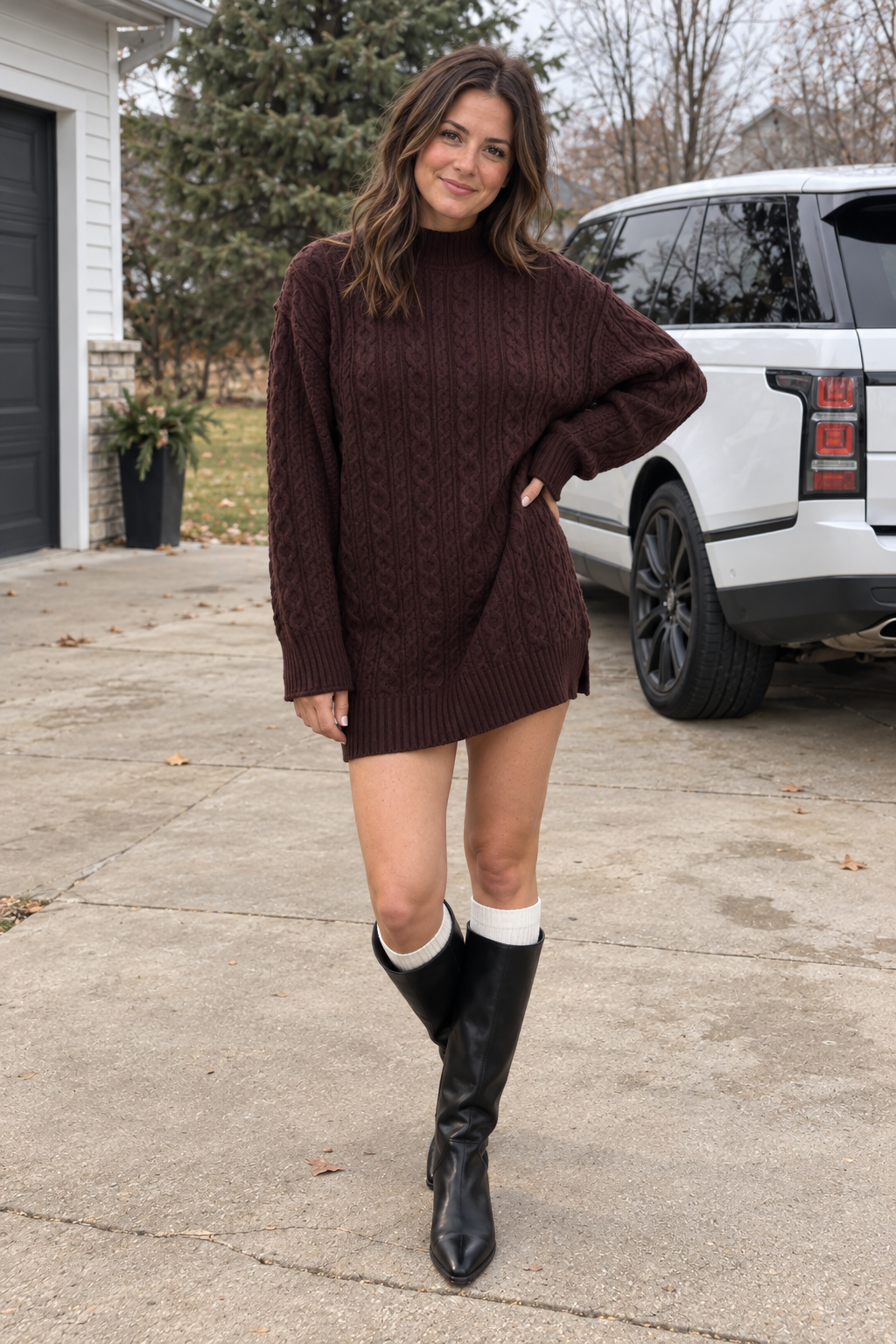 Cable Knit Mock Neck Sweater Dress