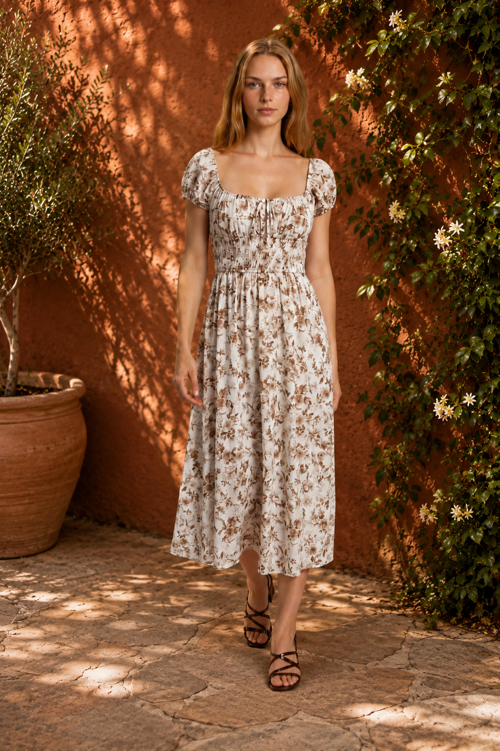 Floral Toile Tie Front Midi Dress